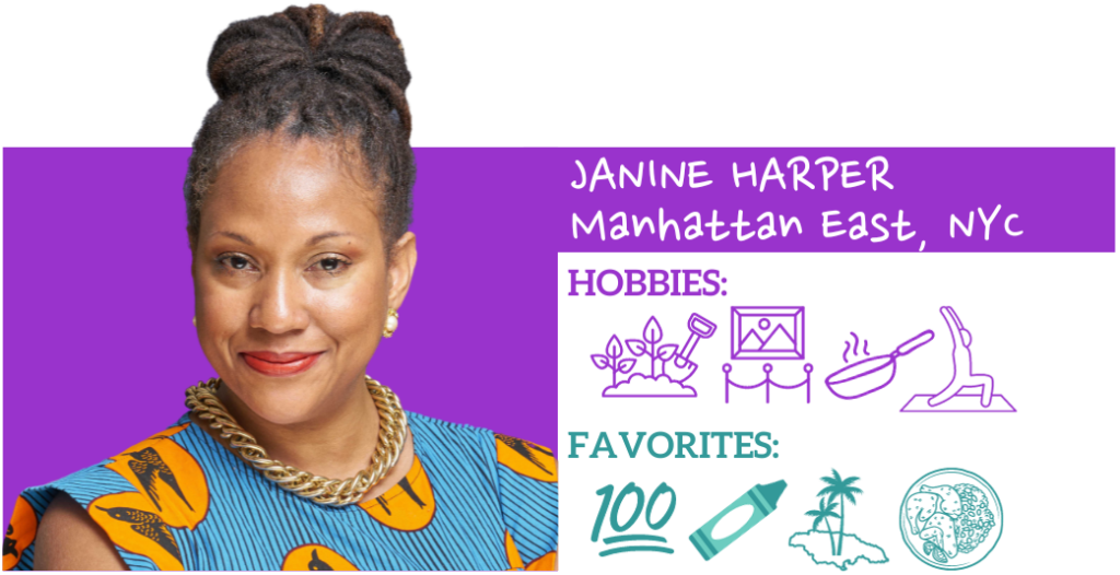 Text: Janine Harper, Manhattan East, NY Hobbies: Favorites: Images: Photo of Janine and illustrated icons representing hobbies and favorite things