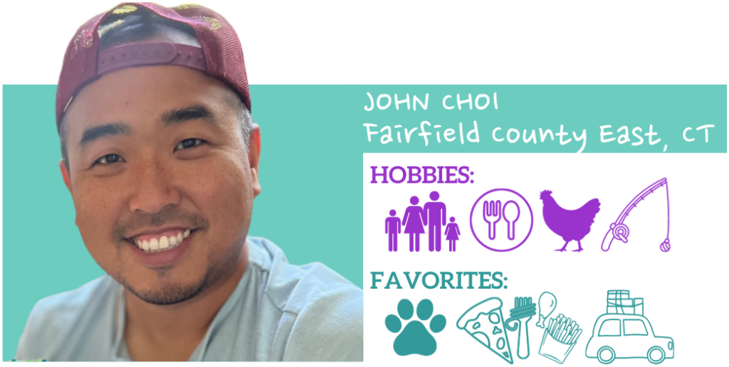 Text: John Choi, Fairfield County East, CT Hobbies: Favorites: Images: Photo of John and illustrated icons representing hobbies and favorite things