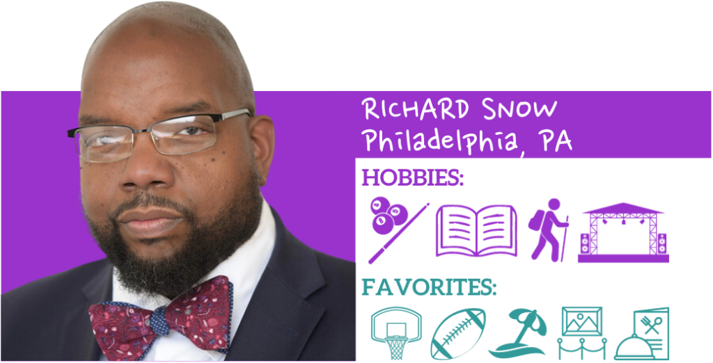 Text: Richard Snow, Philadelphia, PA Hobbies: Favorites:; Images: Photo and illustrated icons representing hobbies and favorite things