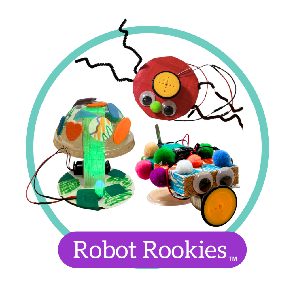 A blue outlined circle with three sample robots in it and the words "Robot Rookies" in a purple bubble