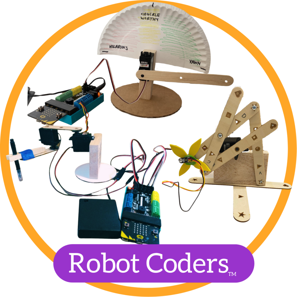 An orange outlined circle with three sample robots in it and the words "Robot Coders" in a purple bubble