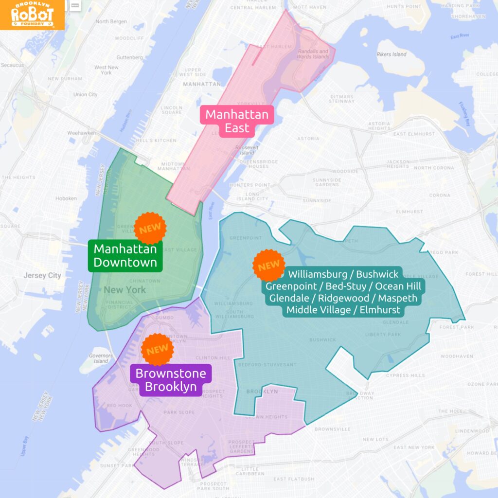 A map of NYC with 4 areas highlighted. In three of those areas is a starburst with NEW in it. The three new areas are titled "Manhattan Downtown", "Brownstone Brooklyn" and "Williamsburg / Bushwick / Greenpoint / Bed-Stuy / Ocean Hill Glendale / Ridgewood / Maspeth Middle Village / Elmhurst", and the shaded area without the "New" is labeled "Manhattan East"