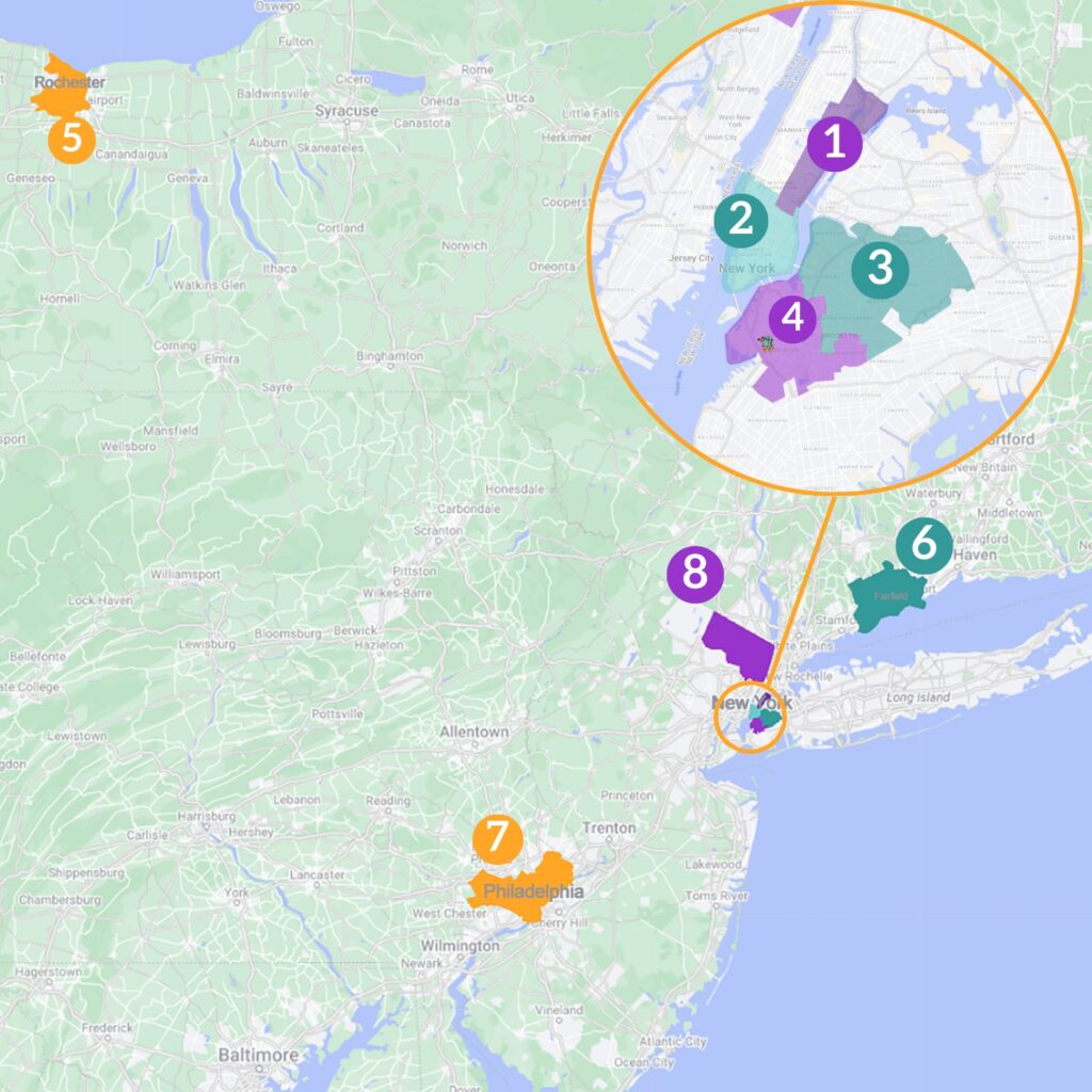 Map of current Brooklyn Robot Foundry territories in New York, Connecticut, New Jersey, and Pennsylvania