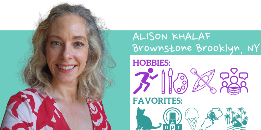 Text: Alison Khalaf, Brownstone Brooklyn Hobbies: Favorites:; Images: Photo and illustrated icons representing hobbies and favorite things