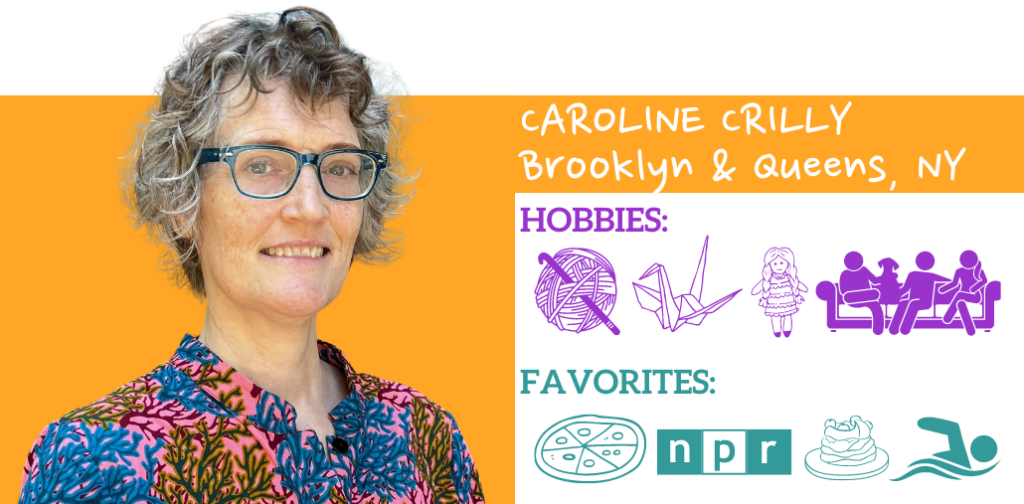 Text: Caroline Crilly, Brooklyn/Queens Hobbies: Favorites:; Images: Photo and illustrated icons representing hobbies and favorite things