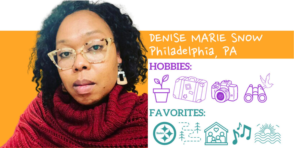 Text: Denise Marie Snow, Philadelphia, PA Hobbies: Favorites:; Images: Photo and illustrated icons representing hobbies and favorite things