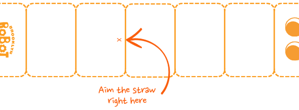 Paper caterpillar template with instructions on where to aim straw. All in orange on white