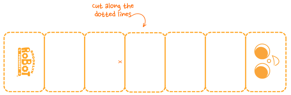 Template for a paper caterpillar with orange dotted lines and the instructions to cut along the dotted lines