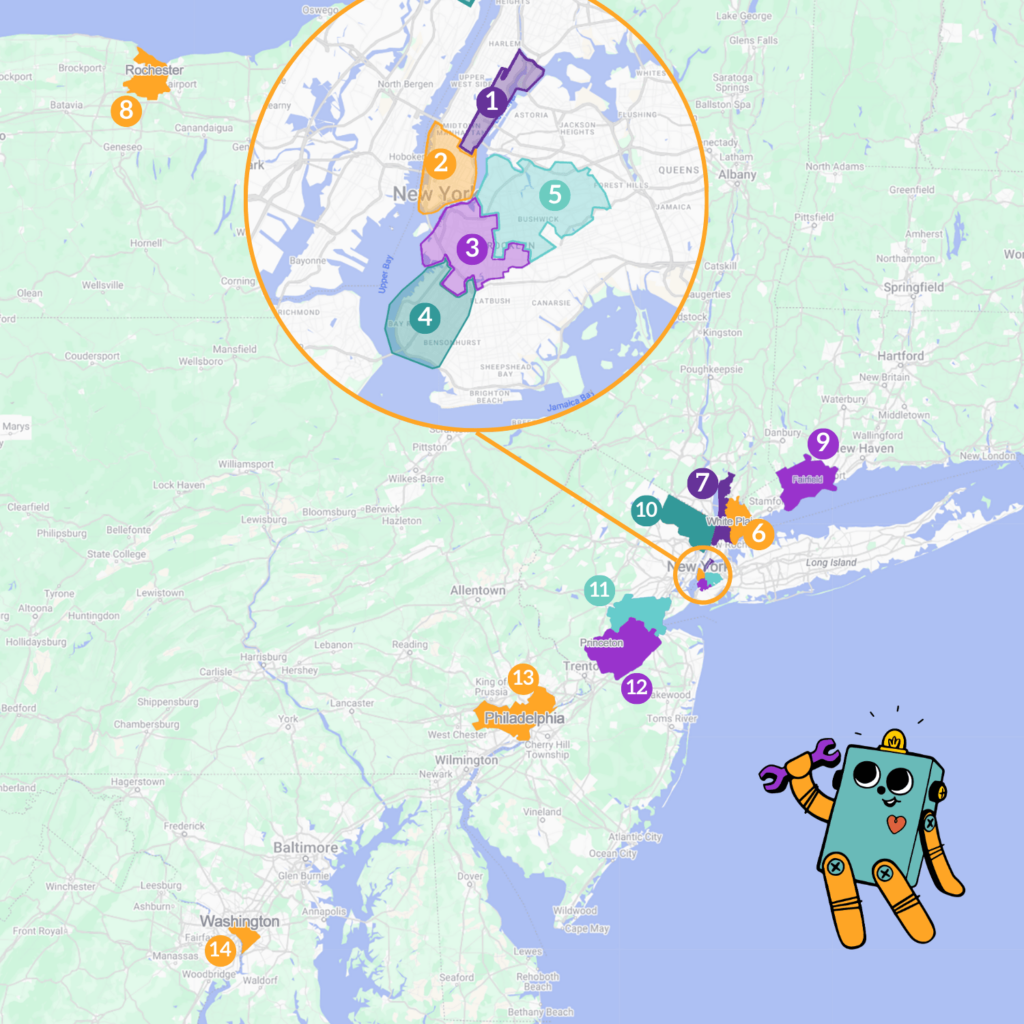 Map of current Brooklyn Robot Foundry territories in New York, Connecticut, New Jersey, Washington, DC and Pennsylvania