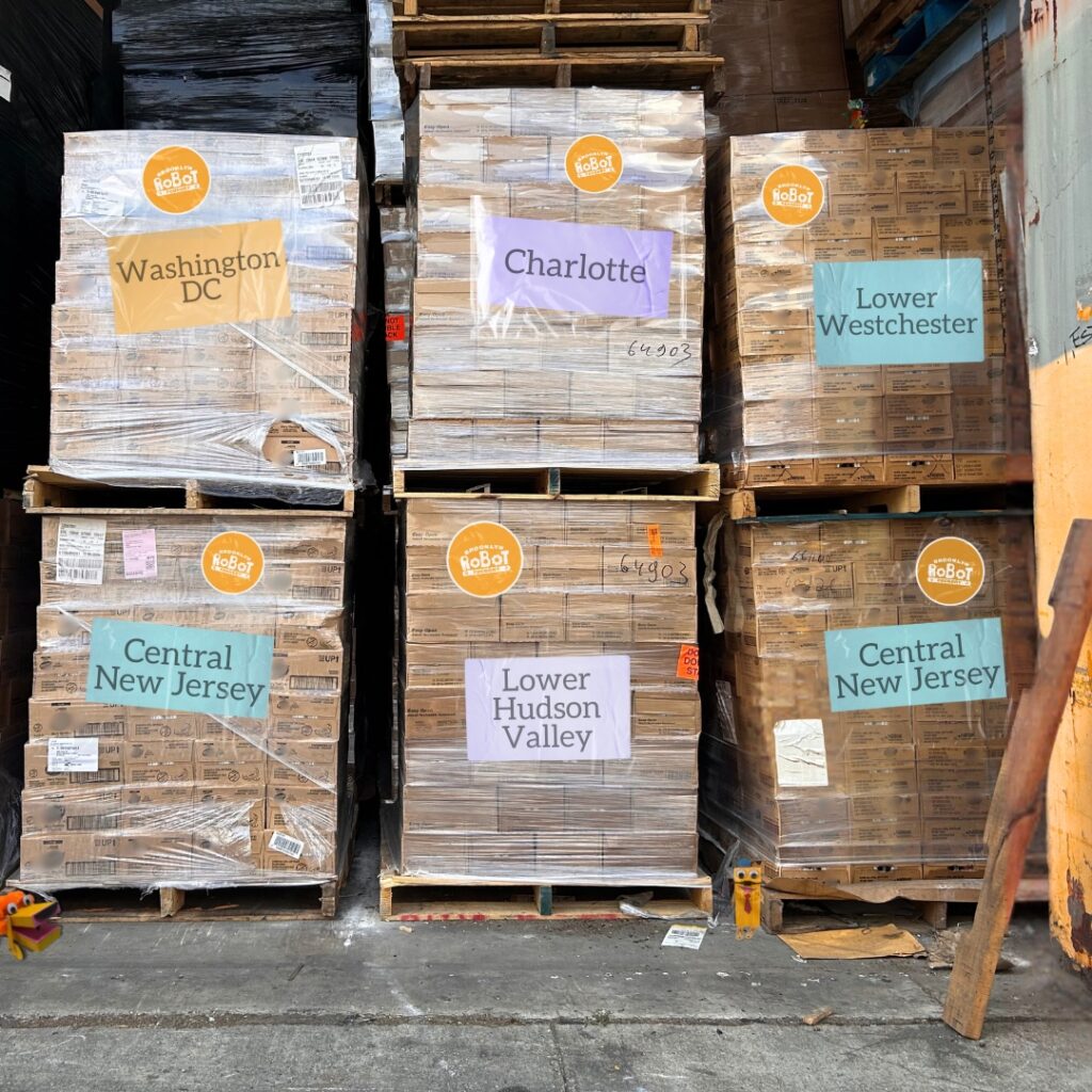 Photo of a loading dock or warehouse with boxes loaded onto pallets. Each grouping on the pallet is wrapped in clear plastic, has a Brooklyn Robot Foundry sticker, and a sign noting its destination. The destinations are: Charlotte, Lower Westchester, Lower Hudson Valley, Central NJ, and Washington, DC.