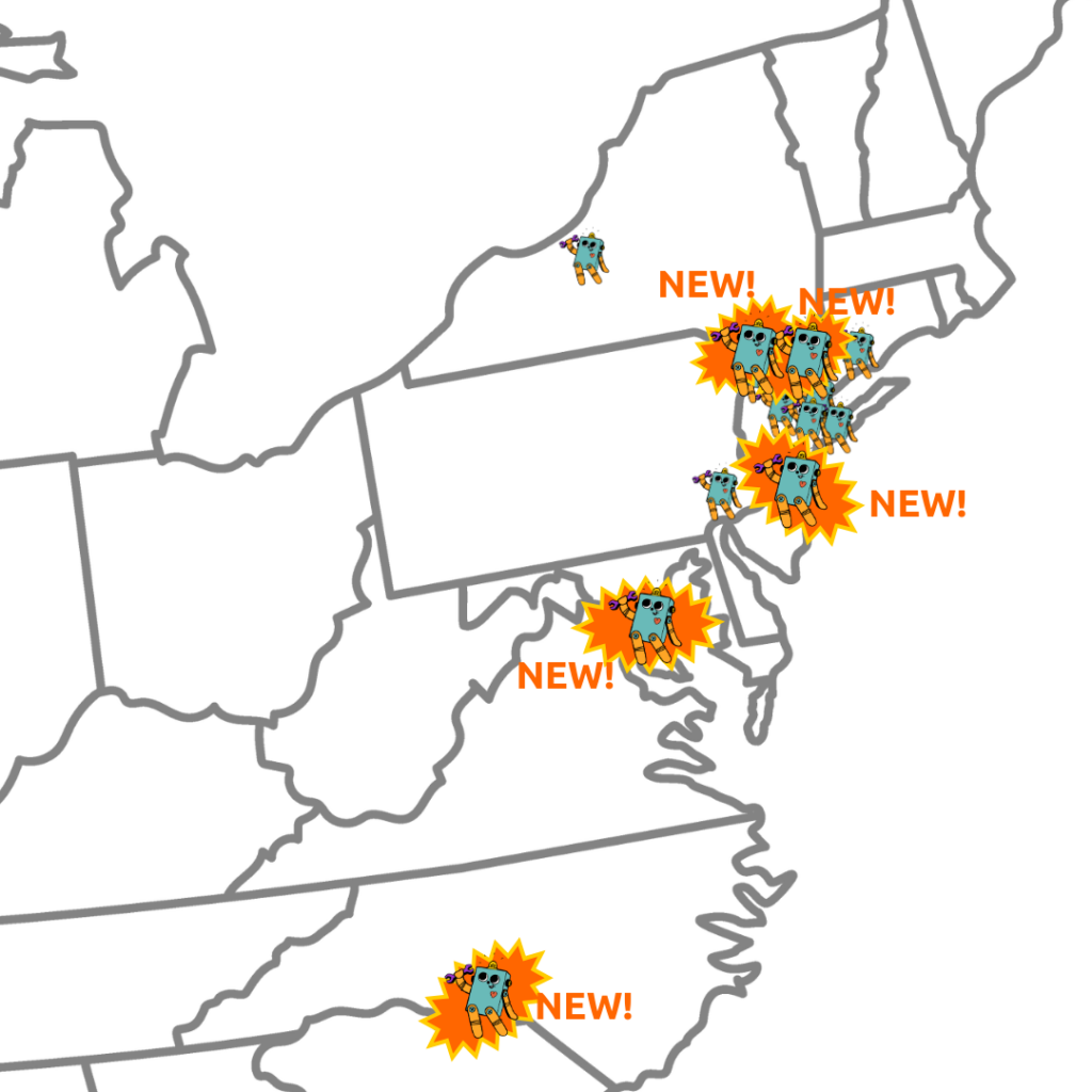 An illustrated outline map of the northeaster United States with robot icons to signify the Brooklyn Robot Foundry franchise locations. 5 of these are highlighted and have the word "NEW" next to them: Charlotte, Lower Westchester, Lower Hudson Valley, Central NJ, and Washington, DC.