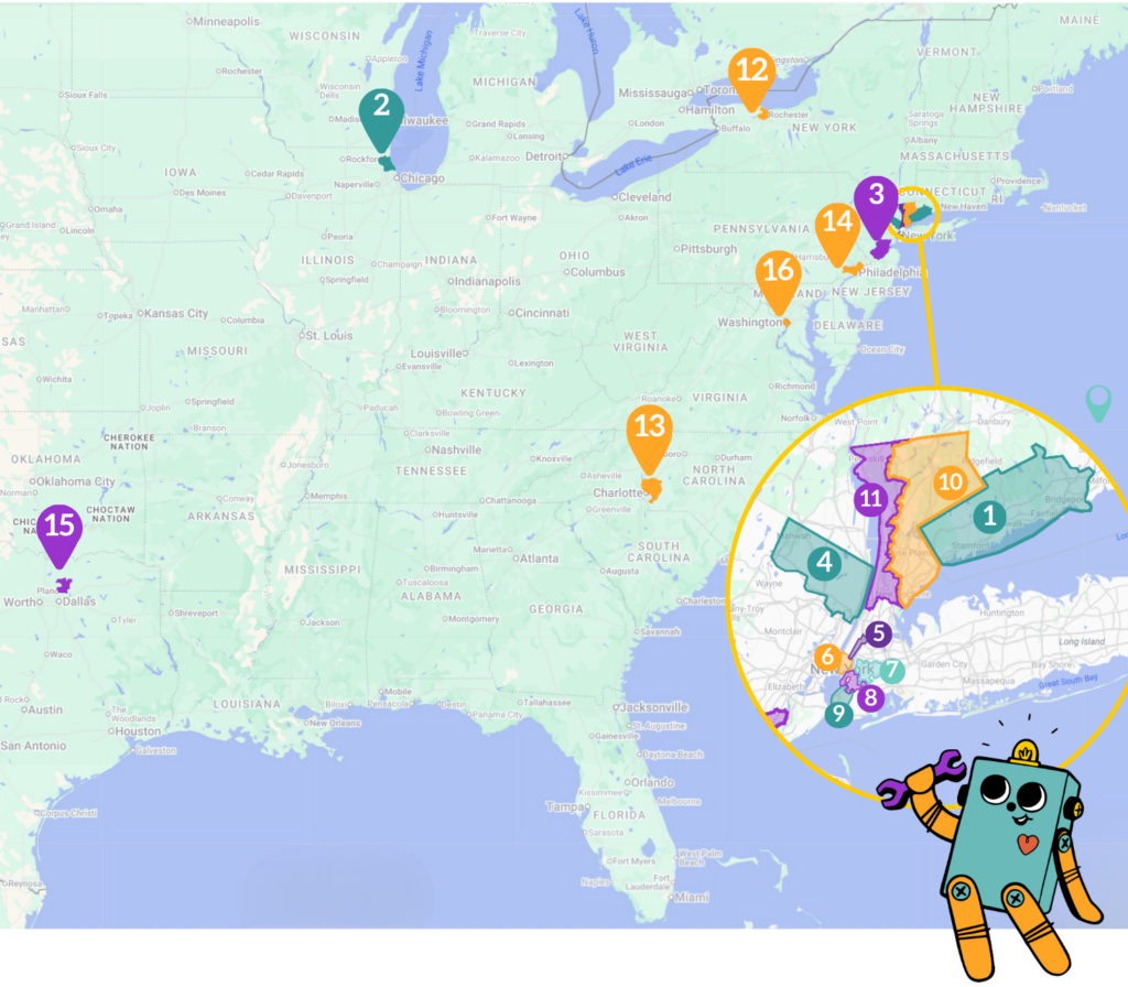 Map of current Brooklyn Robot Foundry territories in New York, Connecticut, New Jersey, Washington, DC, North Carolina, Pennsylvania, Illinois, and Texas