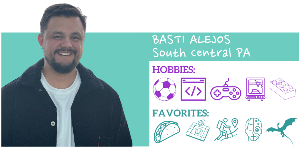 Text: Basti Alejos, South Central PA. Hobbies: Favorites:; Images: Photo and illustrated icons representing hobbies and favorite things