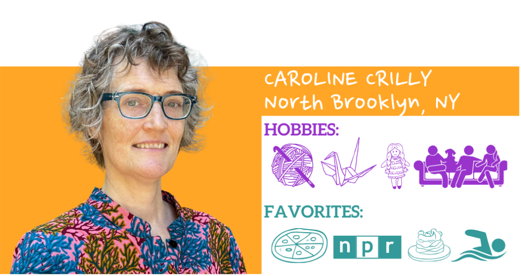 Text: Caroline Crilly, N Brooklyn. Hobbies: Favorites:; Images: Photo and illustrated icons representing hobbies and favorite things