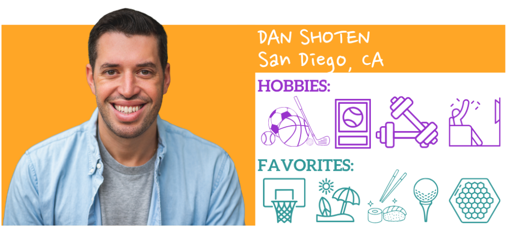 Text: Dan Shoten San Diego Hobbies: Favorites:; Images: Photo and illustrated icons representing hobbies and favorite things