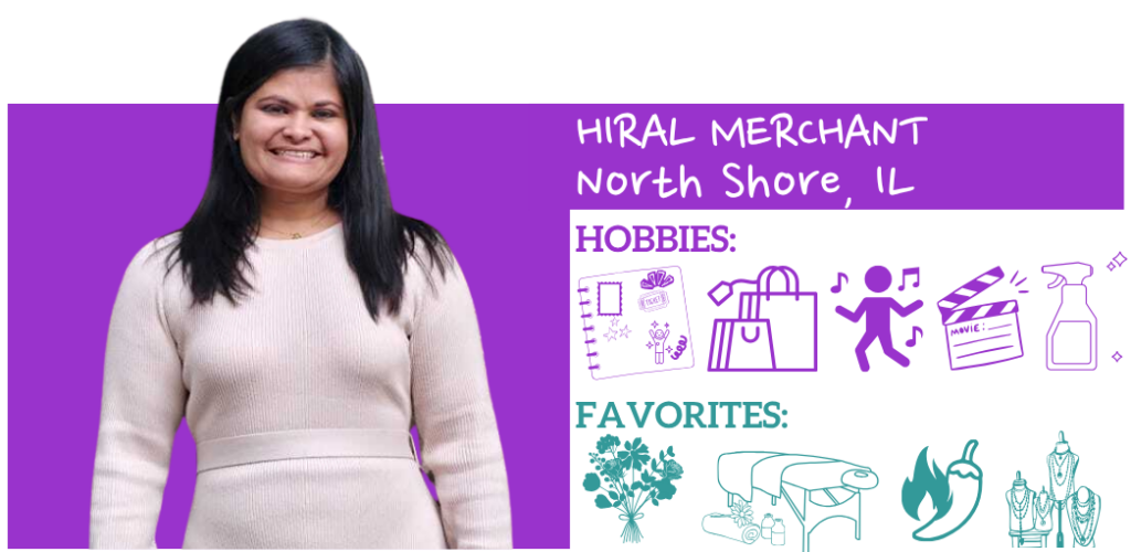 Text: Hiral Merchant, North Shore, IL Hobbies: Favorites:; Images: Photo and illustrated icons representing hobbies and favorite things