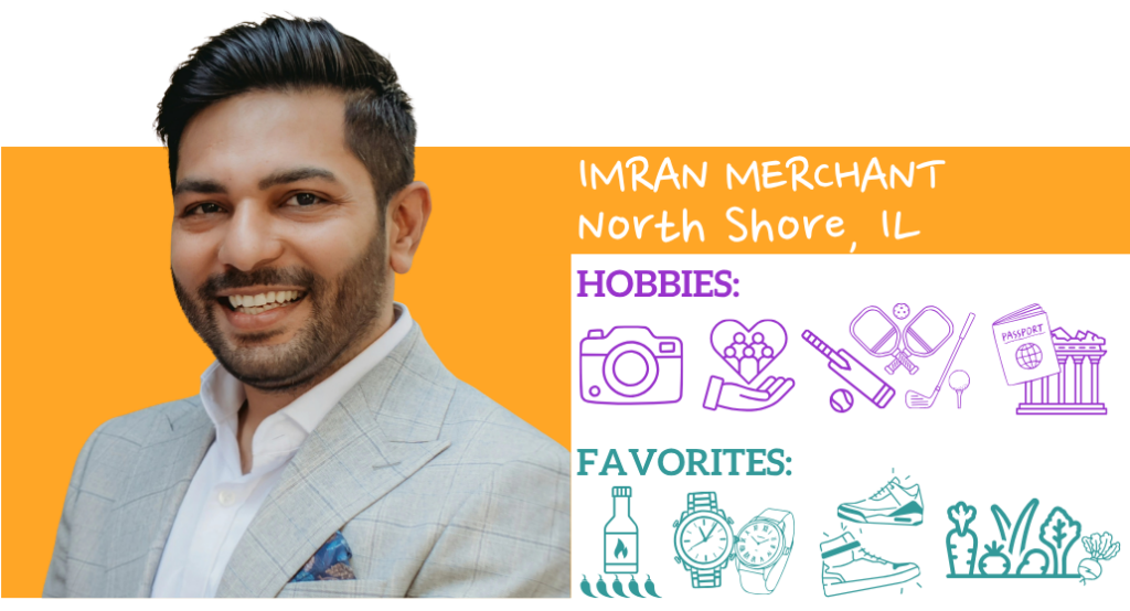 Text: Imran Merchant, North Shore, IL Hobbies: Favorites:; Images: Photo and illustrated icons representing hobbies and favorite things