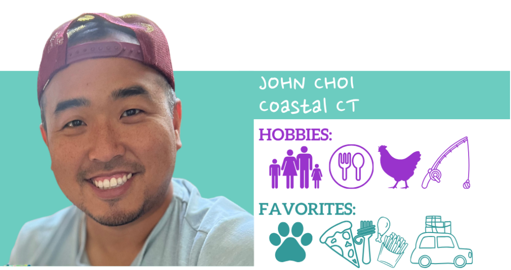 Text: John Choi, Coastal CT Hobbies: Favorites:; Images: Photo and illustrated icons representing hobbies and favorite things