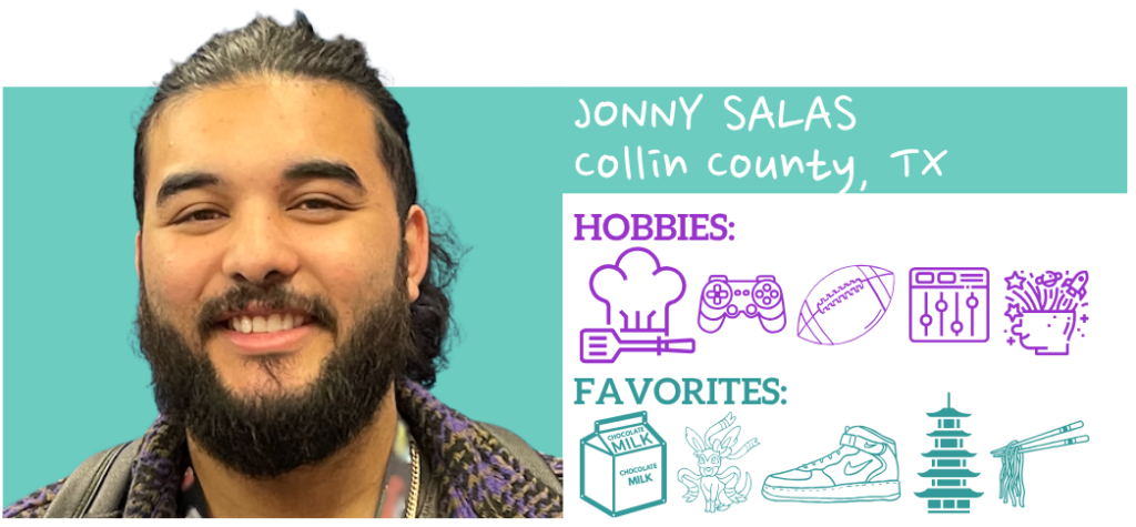 Text: Jonny Salas, Collin County, TX Hobbies: Favorites:; Images: Photo and illustrated icons representing hobbies and favorite things