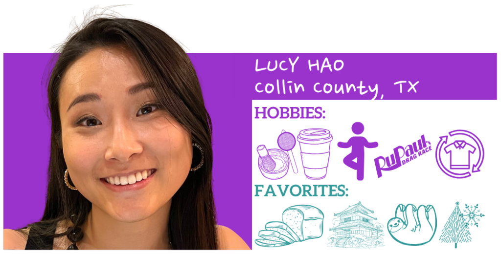 Text: Lucy Hao, Collin County, TX Hobbies: Favorites:; Images: Photo and illustrated icons representing hobbies and favorite things